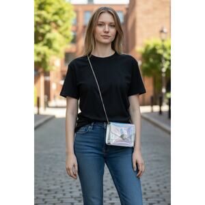 Clear Plastic Mini Crossbody Bag w/ Goldtone Fan Closure & Chain Strap